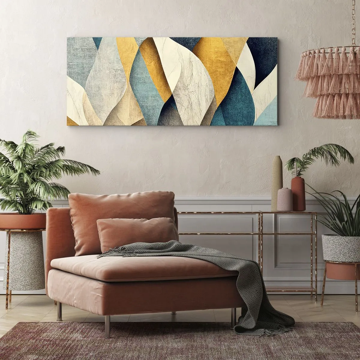 Obraz na płótnie - Abstrakcyjne fale w odcieniach niebieskiego i złota - 120x50cm - Rytm i falowanie - Nowoczesna dekoracja ścienna do salonu i sypialni ARTTOR