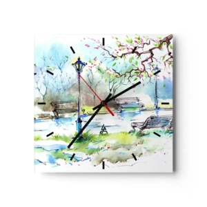 Zegar ścienny - Akwarelowa scena parku z ławkami i lampami - 30x30cm - Czar parkowej ciszy - Nowoczesna dekoracja ścienna do salonu i sypialni ARTTOR