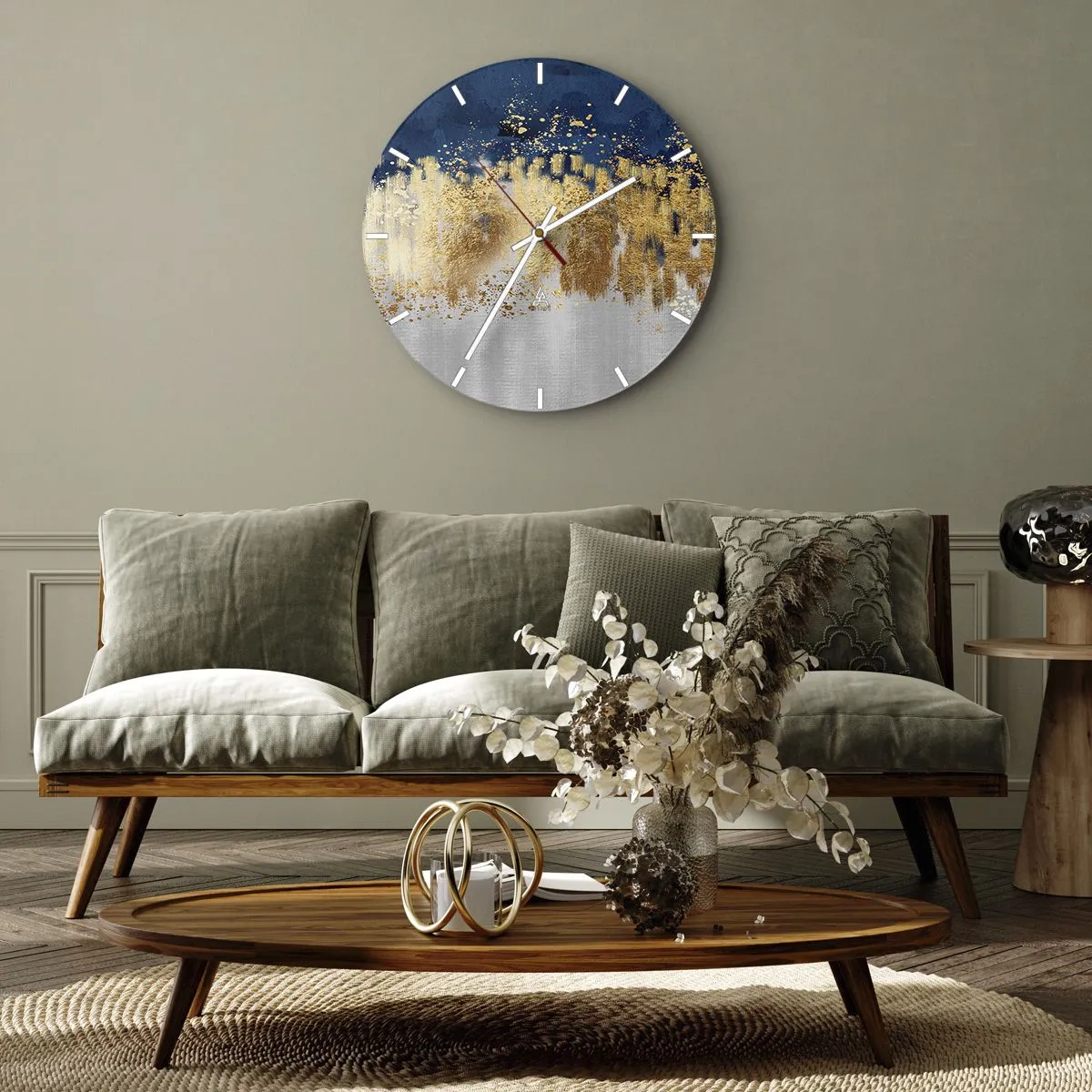 Zegar ścienny - Złote refleksy i niebiesko-srebrne tło w stylu abstrakcji - 30x30cm - Nowoczesna kompozycja z błyskiem - Nowoczesna dekoracja ścienna do salonu, kuchni i sypialni ARTTOR
