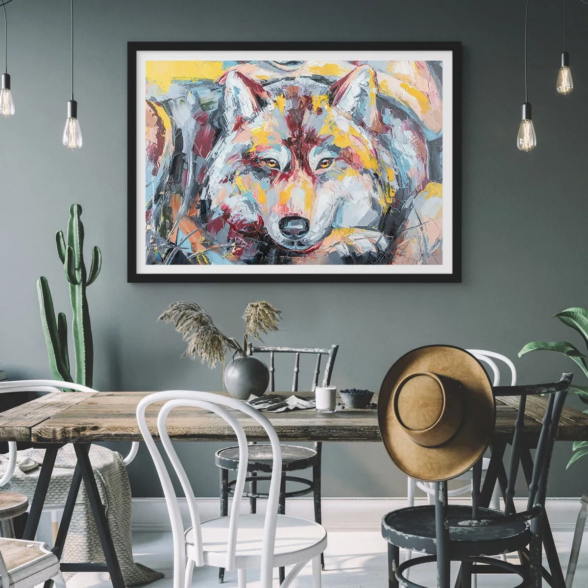 Plakat w czarnej ramie - Artystyczny portret wilka w intensywnych kolorach - 70x50cm - Spokój wśród bliskich - Nowoczesna dekoracja ścienna do salonu i sypialni ARTTOR