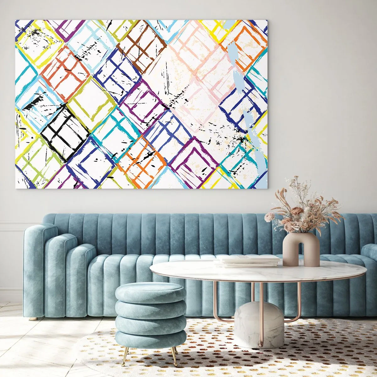 Obraz na szkle - Abstrakcyjny wzór w wielokolorowe romby - 70x50cm - Komórki do wynajęcia - Nowoczesna dekoracja ścienna do salonu i sypialni ARTTOR