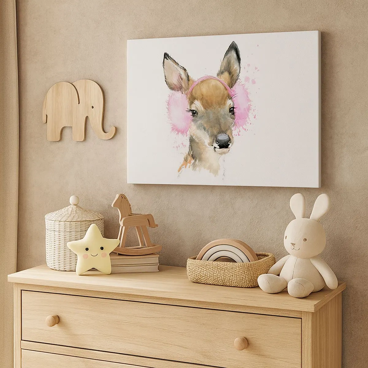 Obraz na płótnie - Akwarelowy jeleń w różowych nausznikach - 70x50cm - I mróz już niestraszny - Nowoczesna dekoracja ścienna do salonu i sypialni ARTTOR