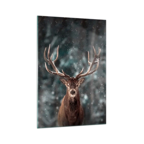 Obraz na szkle - Jeleń w zimowym lesie z padającym śniegiem - 70x100cm - Król lasu ukoronowany - Nowoczesna dekoracja ścienna do salonu i sypialni ARTTOR