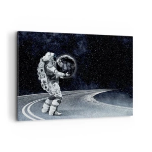 Obraz na płótnie - Astronauta z Ziemią na tle gwiaździstego nieba - 120x80cm - Na Mlecznej Drodze - Nowoczesna dekoracja ścienna do salonu, kuchni i sypialni ARTTOR
