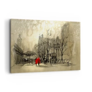 Obraz na płótnie - Czerwona postać w nostalgicznej miejskiej scenerii - 100x70cm - Randka w londyńskiej mgle  - Nowoczesna dekoracja ścienna do salonu, kuchni i sypialni ARTTOR