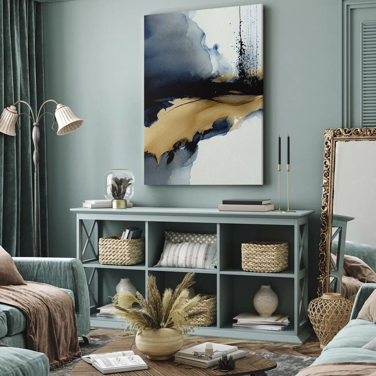 Obraz na płótnie - Abstrakcyjna akwarela w odcieniach granatu i złota - 50x70cm - Za zasłoną - Nowoczesna dekoracja ścienna do salonu, kuchni i sypialni ARTTOR