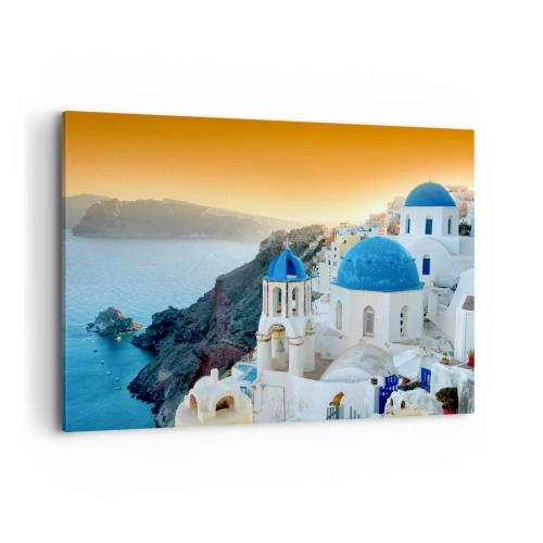Obraz na płótnie - Widok na Santorini z białymi budynkami i błękitnym morzem - 120x80cm - Santorini - przytulone do skał - Nowoczesna dekoracja ścienna do salonu, kuchni i sypialni ARTTOR