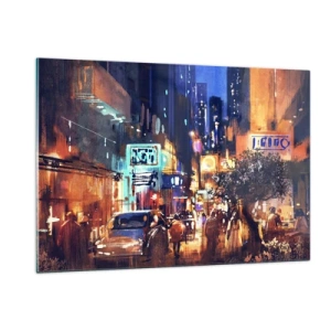 Obraz na szkle - Malownicza nocna scena miasta z neonami i ulicznym ruchem - 120x80cm - A miasto nie śpi - Nowoczesna dekoracja ścienna do salonu, kuchni i sypialni ARTTOR