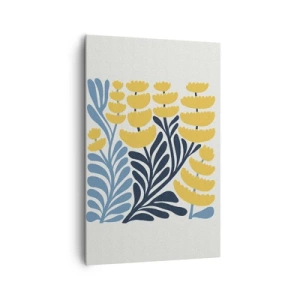 Obraz na płótnie - Minimalistyczne żółte kwiaty i niebieskie liście w skandynawskim stylu - 80x120cm - Słoneczna rabata - Nowoczesna dekoracja ścienna do salonu i sypialni ARTTOR