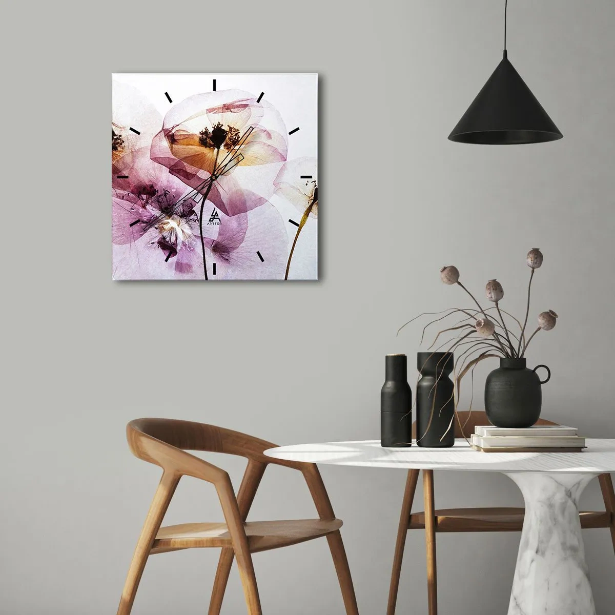 Zegar ścienny - Delikatne przezroczyste kwiaty w pastelowych odcieniach - 30x30cm - Kwiatów ciała przezrocze - Nowoczesna dekoracja ścienna do salonu i sypialni ARTTOR