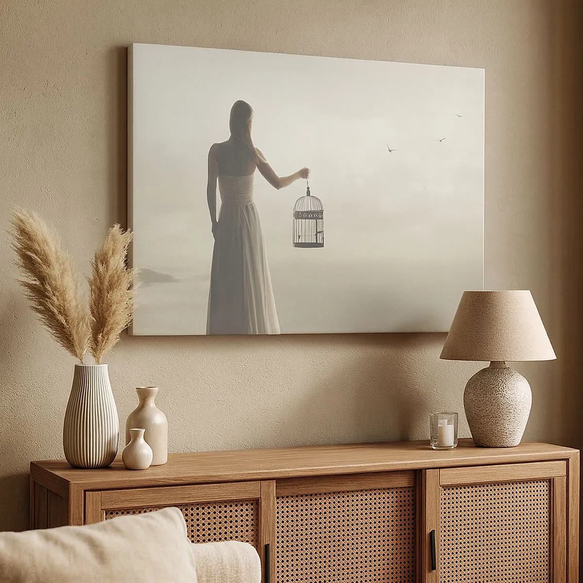 Obraz na płótnie - Kobieta z klatką na tle spokojnego nieba - 70x50cm - Bądź wolna - Nowoczesna dekoracja ścienna do salonu i sypialni ARTTOR