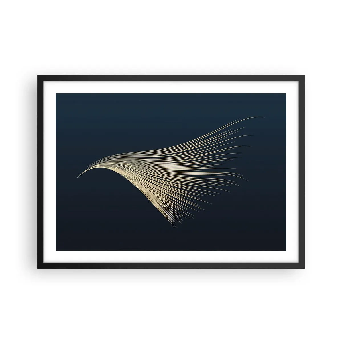 Plakat w czarnej ramie - Delikatna linia przypominająca pióro na granatowym tle - 70x50cm - Jak anioła włos - Nowoczesna dekoracja ścienna do salonu i sypialni ARTTOR