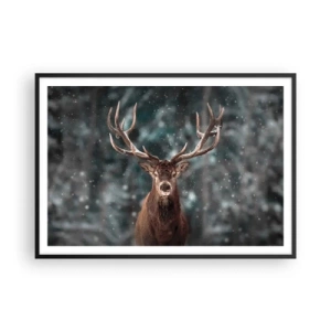 Plakat w czarnej ramie - Jeleń w zimowym lesie z padającym śniegiem - 100x70cm - Król lasu ukoronowany - Nowoczesna dekoracja ścienna do salonu i sypialni ARTTOR