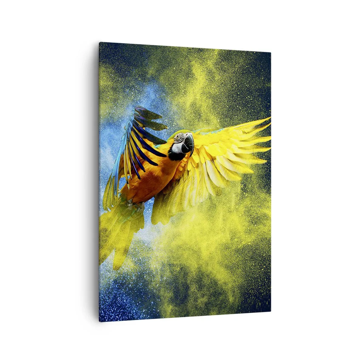Obraz na płótnie - Papuga w locie na tle kolorowych eksplozji żółtego i niebieskiego - 70x100cm - W błękitno-złotym pyle - Nowoczesna dekoracja ścienna do salonu i sypialni ARTTOR