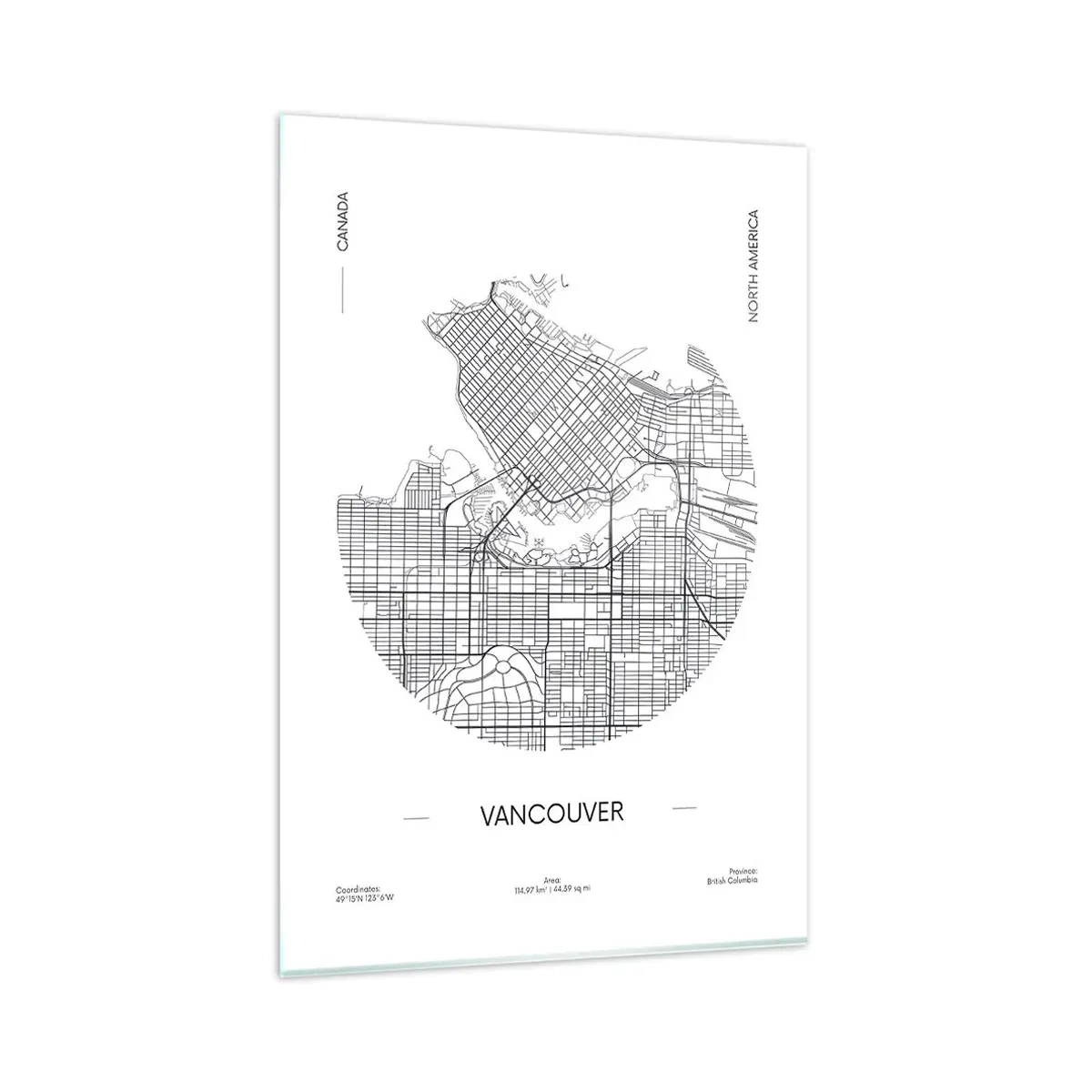 Obraz na szkle - Mapa Vancouver w minimalistycznym, czarno-białym stylu - 80x120cm - Anatomia Vancouver - Nowoczesna dekoracja ścienna do salonu i sypialni ARTTOR