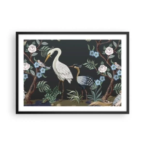 Plakat w czarnej ramie - Malowane ptaki i rośliny na ciemnym tle o eleganckim wzorze - 70x50cm - Ptasia parada - Nowoczesna dekoracja ścienna do salonu i sypialni ARTTOR