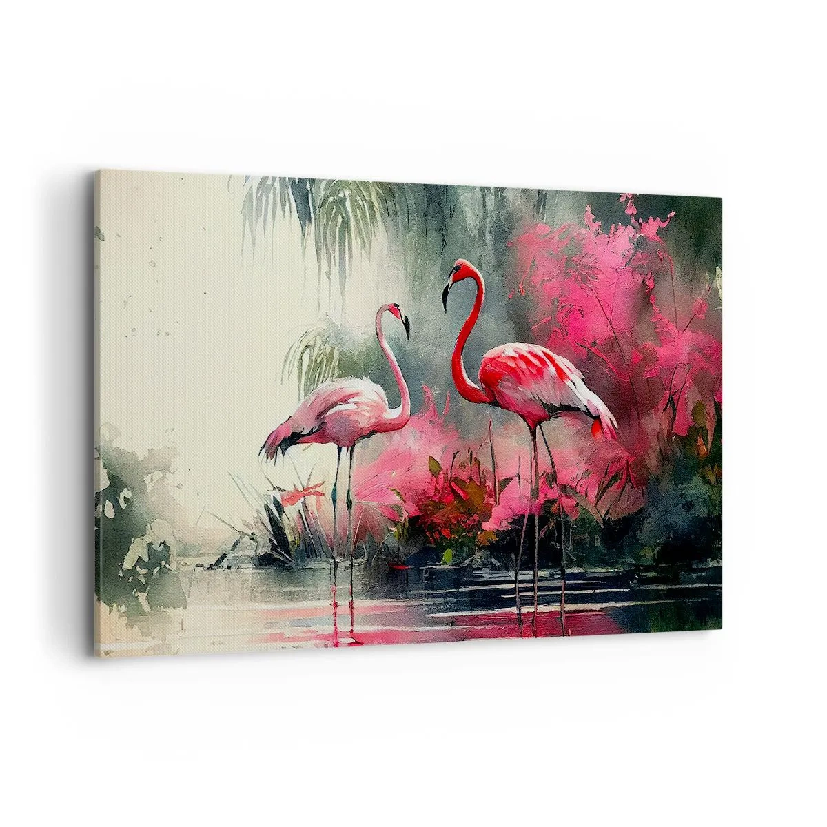 Obraz na płótnie - Flamingi nad wodą w otoczeniu roślinności - 120x80cm - Lekcja naturalnego wdzięku - Nowoczesna dekoracja ścienna do salonu, kuchni i sypialni ARTTOR
