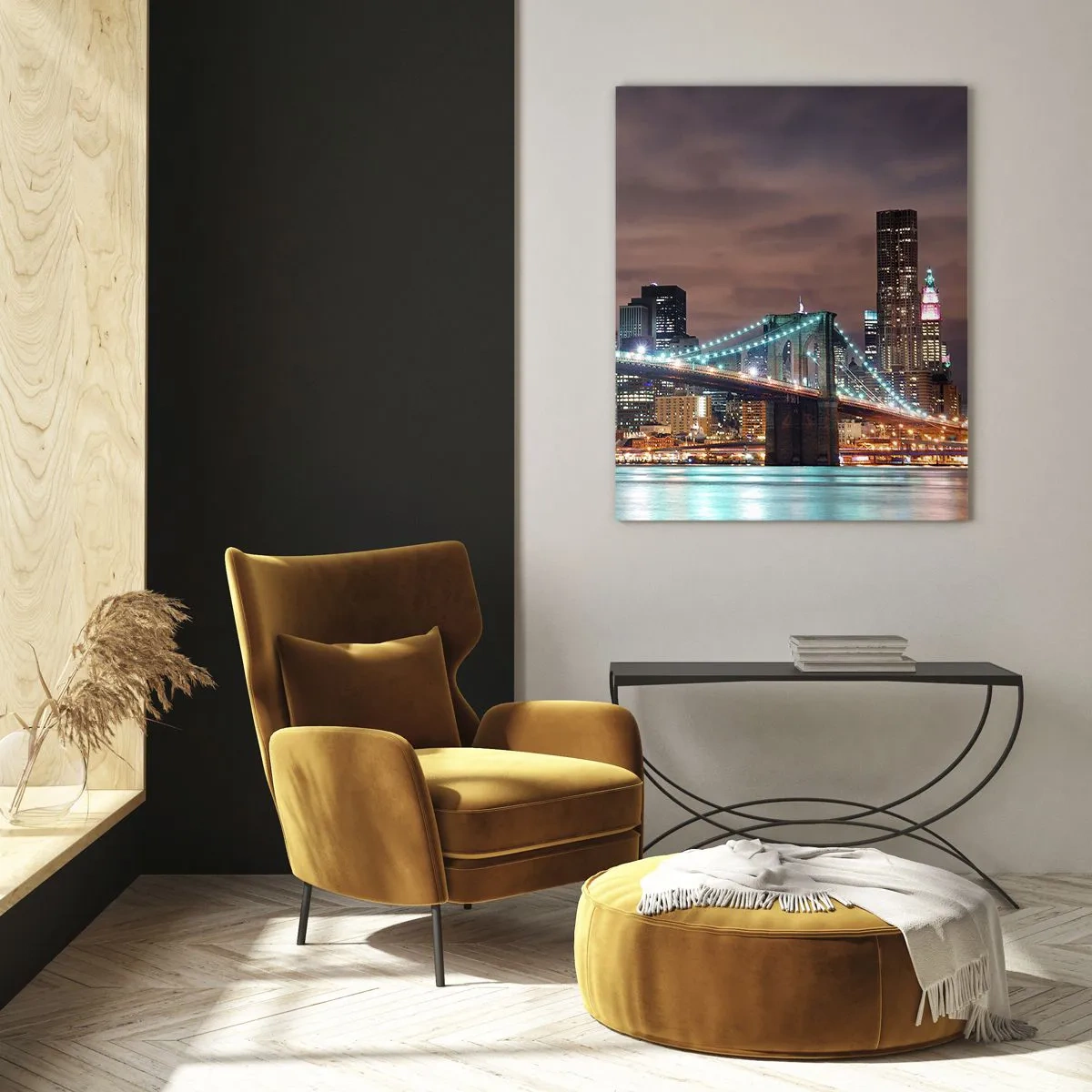 Obraz na szkle - Most podświetlony nocą na tle nowoczesnej panoramy miasta - 70x100cm - Światła wielkiego miasta - Nowoczesna dekoracja ścienna do salonu i sypialni ARTTOR