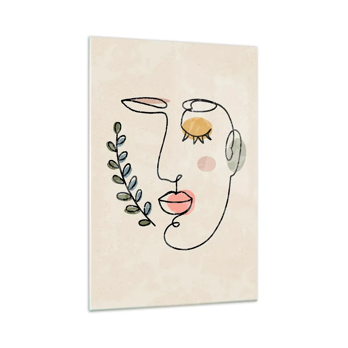 Obraz na szkle - Minimalistyczny rysunek twarzy z roślinnym motywem na jasnym tle - 70x100cm - Spokój odnaleziony - Nowoczesna dekoracja ścienna do salonu i sypialni ARTTOR