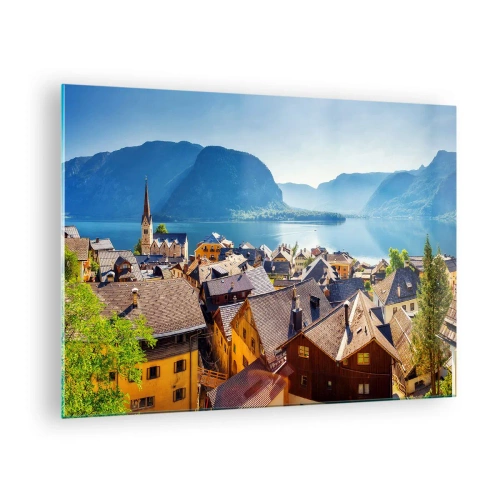 Obraz na szkle - Malownicze miasteczko nad jeziorem w otoczeniu gór - 70x50cm - Bardziej malowniczo się nie da - Nowoczesna dekoracja ścienna do salonu i sypialni ARTTOR