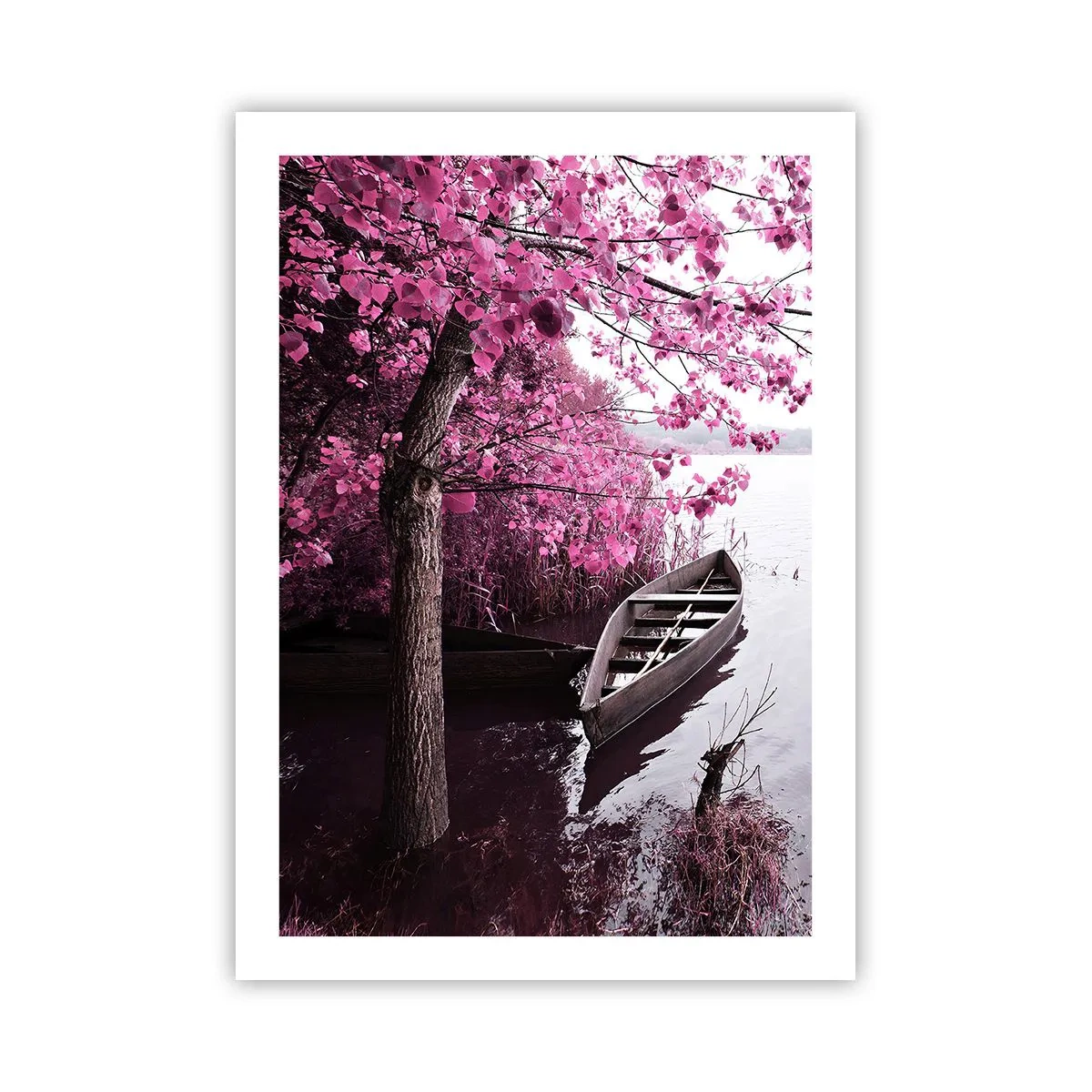Plakat - Łódka na brzegu jeziora pod drzewem w kwitnących liściach - 50x70cm - W różowej ciszy - Nowoczesna dekoracja ścienna do salonu, kuchni i sypialni ARTTOR