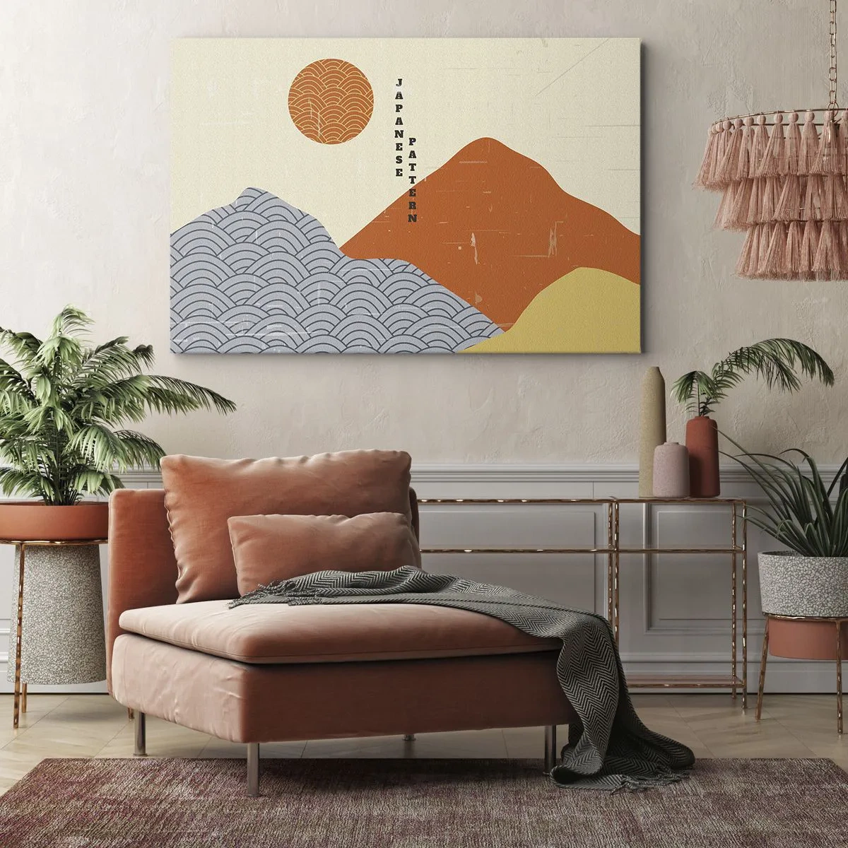 Obraz na płótnie - Japońskie wzory z górami, słońcem i minimalistycznym stylem - 70x50cm - W japońskim duchu - Nowoczesna dekoracja ścienna do salonu i sypialni ARTTOR