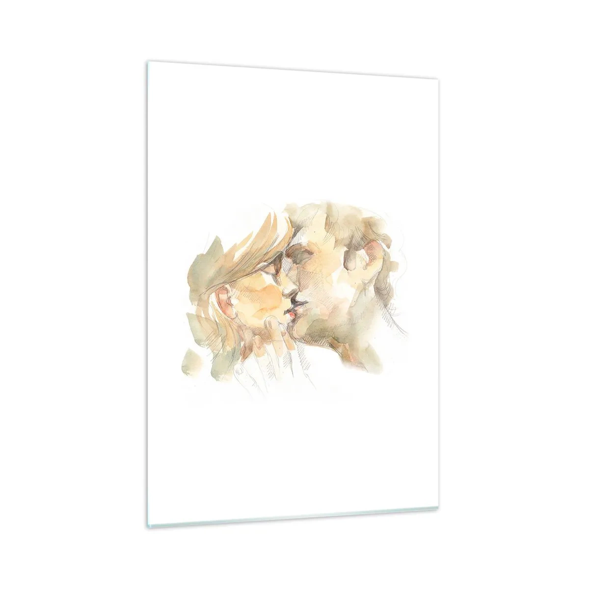 Obraz na szkle - Romantyczna akwarela z pocałunkiem zakochanych - 50x70cm - Odnaleziona połowa? - Nowoczesna dekoracja ścienna do salonu, kuchni i sypialni ARTTOR
