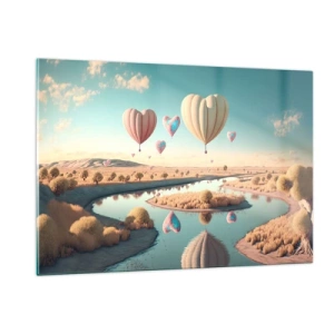 Obraz na szkle - Balony w kształcie serc nad bajkowym krajobrazem z rzeką - 120x80cm - Miłość pozwala wznieść się - Nowoczesna dekoracja ścienna do salonu, kuchni i sypialni ARTTOR