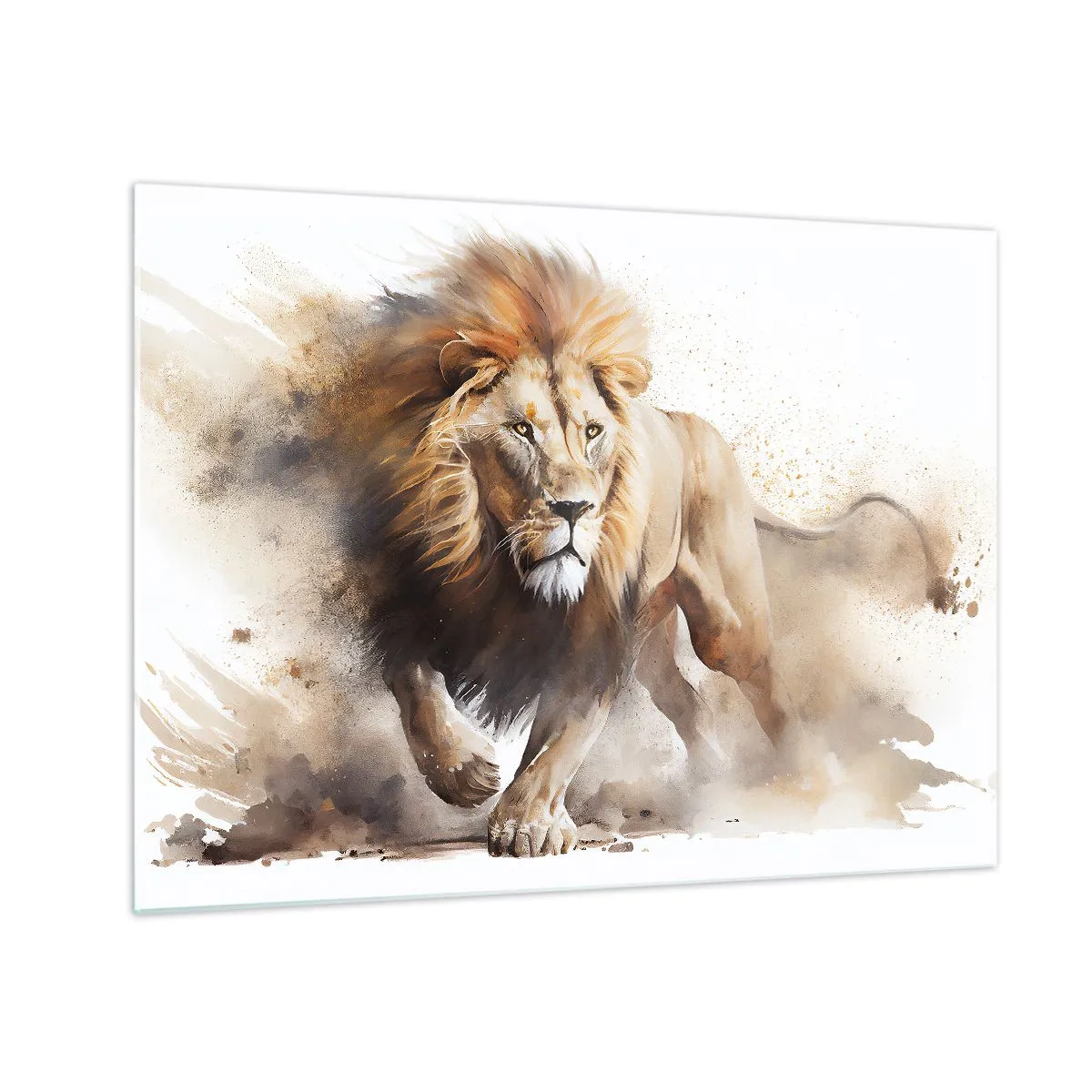 Obraz na szkle - Dynamiczne ujęcie biegnącego lwa w stylu akwarelowym - 70x50cm - Król ruszył - Nowoczesna dekoracja ścienna do salonu i sypialni ARTTOR