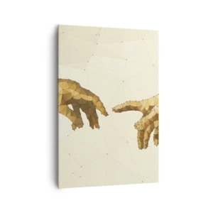 Obraz na płótnie - Geometryczne dłonie wyciągające się ku sobie na jasnym tle - 70x100cm - Boska geometria - Nowoczesna dekoracja ścienna do salonu i sypialni ARTTOR