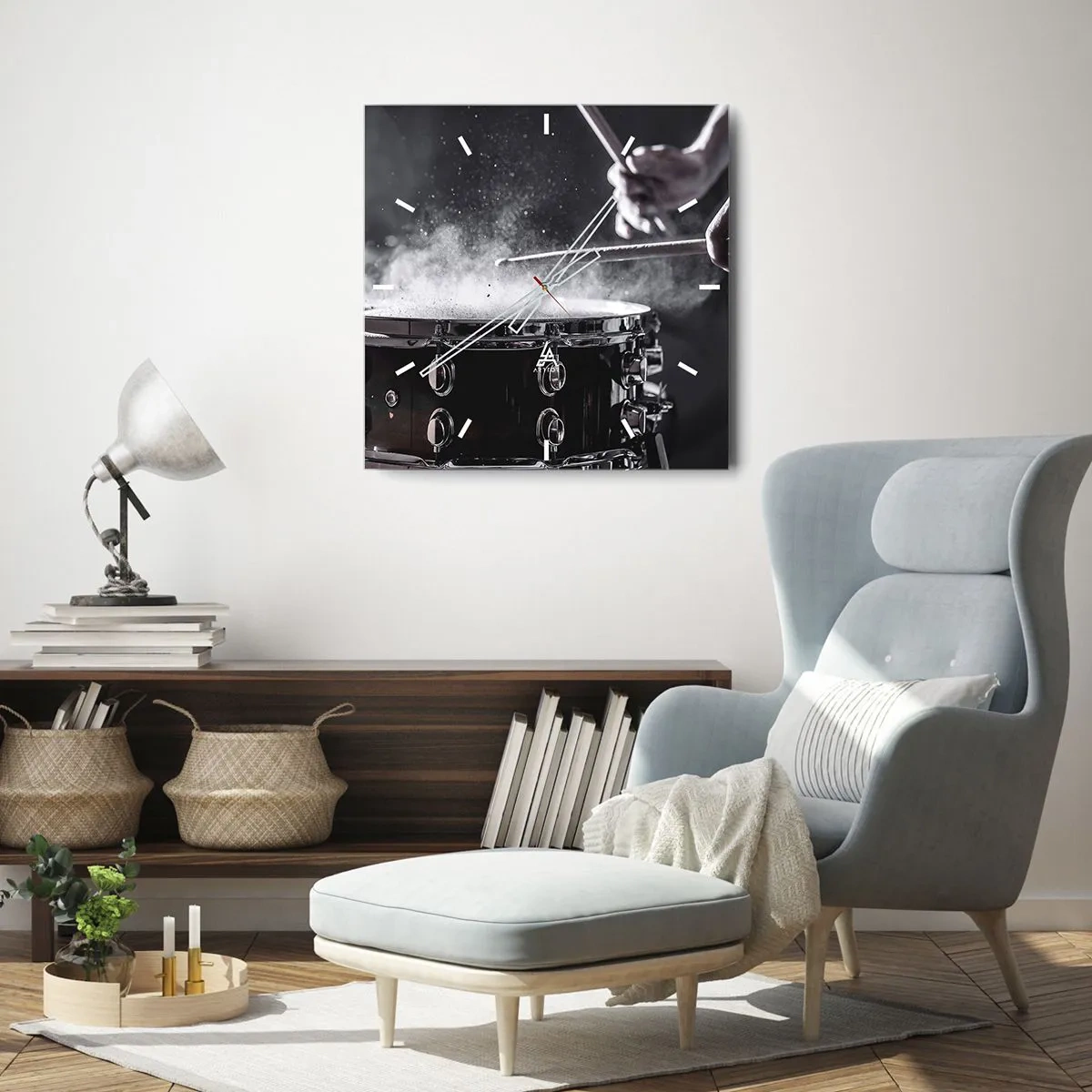 Zegar ścienny - Uderzenie pałeczkami w werbel z efektem pyłu - 30x30cm - Puls muzyki - Nowoczesna dekoracja ścienna do salonu i sypialni ARTTOR