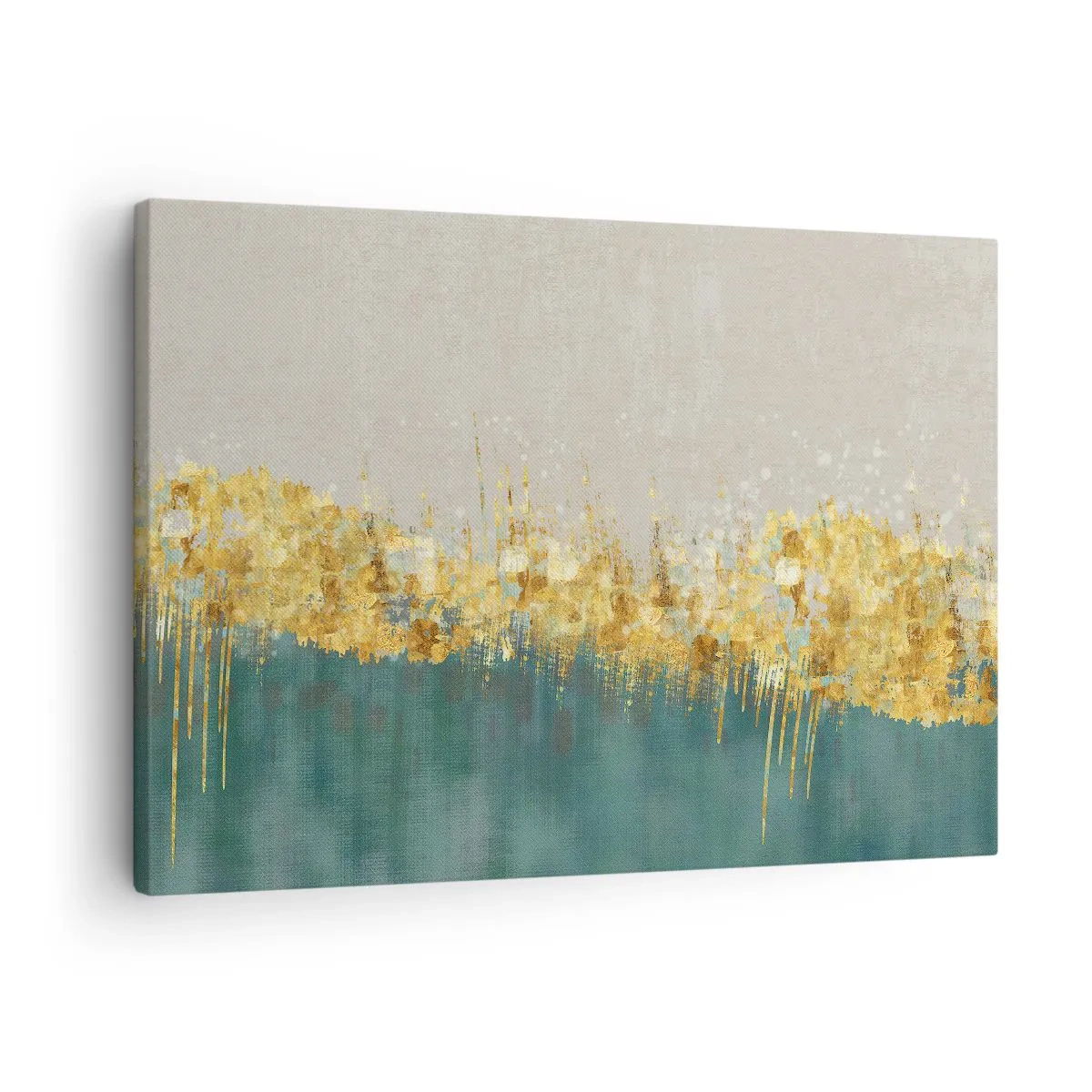 Obraz na płótnie - Złote akcenty na zielono-beżowym tle - 70x50cm - Złota granica - Nowoczesna dekoracja ścienna do salonu i sypialni ARTTOR