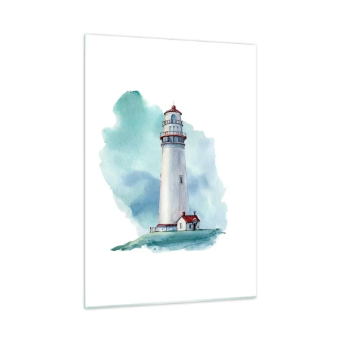 Obraz na szkle - Latarnia morska na tle błękitnego akwarelowego nieba - 50x70cm - Łagodna siostra błękitu - Nowoczesna dekoracja ścienna do salonu, kuchni i sypialni ARTTOR