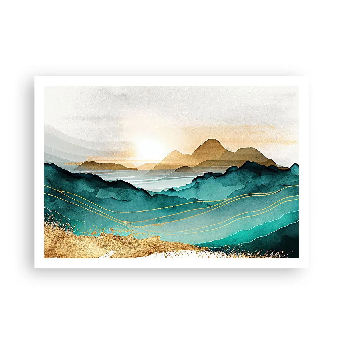 Plakat - Abstrakcyjny pejzaż z górami i złotymi akcentami - 100x70cm - Na granicy abstrakcji – pejzaż - Nowoczesna dekoracja ścienna do salonu i sypialni ARTTOR