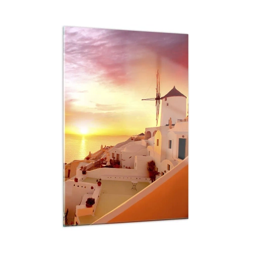 Obraz na szkle - Zachód słońca nad Santorini z białymi budynkami i wiatrakiem - 50x70cm - Rozpłynąć się w bieli i złocie - Nowoczesna dekoracja ścienna do salonu, kuchni i sypialni ARTTOR