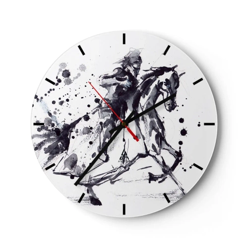 Zegar ścienny - Czarnobiały jeździec na koniu w stylu akwareli - 30x30cm - Czarny rycerz - Nowoczesna dekoracja ścienna do salonu, kuchni i sypialni ARTTOR