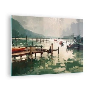 Obraz na szkle - Drewniany pomost i łodzie na spokojnej wodzie otoczonej górami - 70x50cm - Oblane roztopionym księżycem - Nowoczesna dekoracja ścienna do salonu i sypialni ARTTOR