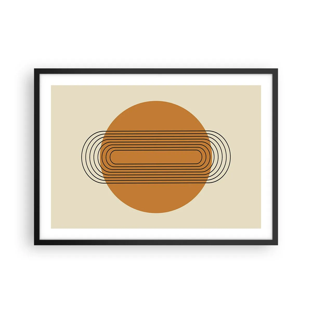 Plakat w czarnej ramie - Geometryczny wzór z pomarańczowym kołem i liniami - 70x50cm - Plan doskonały - Nowoczesna dekoracja ścienna do salonu i sypialni ARTTOR