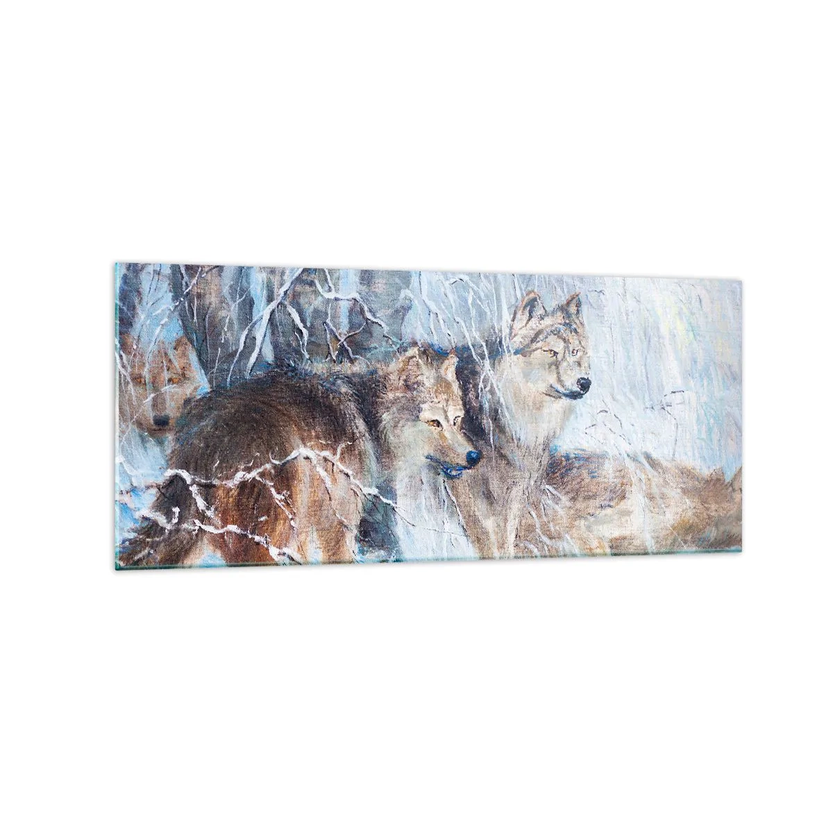 Obraz na szkle - Wilki w zimowym lesie na tle śnieżnej scenerii - 120x50cm - Uwaga! Nadchodzi… - Nowoczesna dekoracja ścienna do salonu i sypialni ARTTOR