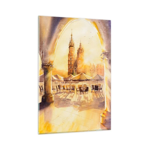 Obraz na szkle - Akwarelowy widok na krakowski rynek o wschodzie słońca z perspektywy Sukiennic - 80x120cm - Wschód nad krakowskim rynkiem - Nowoczesna dekoracja ścienna do salonu i sypialni ARTTOR