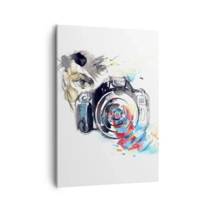 Obraz na płótnie - Artystyczna scena z aparatem fotograficznym z dynamicznymi akcentami - 50x70cm - W oku obiektywu - Nowoczesna dekoracja ścienna do salonu, kuchni i sypialni ARTTOR