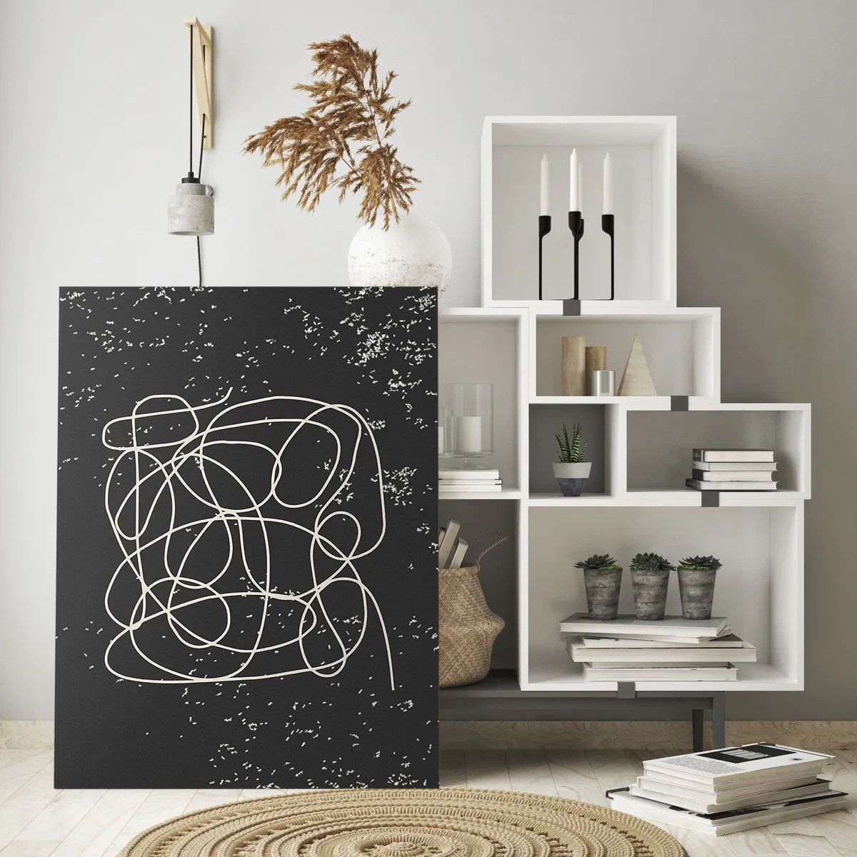 Obraz na szkle - Abstrakcyjna linia w formie plątaniny na czarnym tle z fakturą - 50x70cm - Błądzenie myśli - Nowoczesna dekoracja ścienna do salonu, kuchni i sypialni ARTTOR