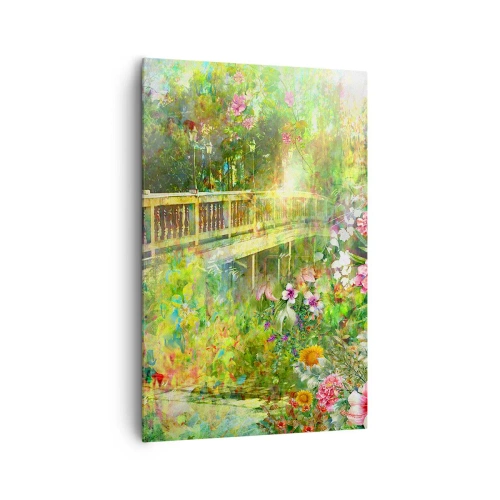 Obraz na płótnie - Most w otoczeniu bujnej roślinności i kwiatów - 80x120cm - Mostek wiosennych westchnień - Nowoczesna dekoracja ścienna do salonu i sypialni ARTTOR