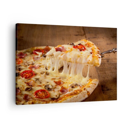 Obraz na płótnie - Pizza z ciągnącym się serem - 70x50cm - Arcydzieło sztuki włoskiej - Nowoczesna dekoracja ścienna do salonu i sypialni ARTTOR