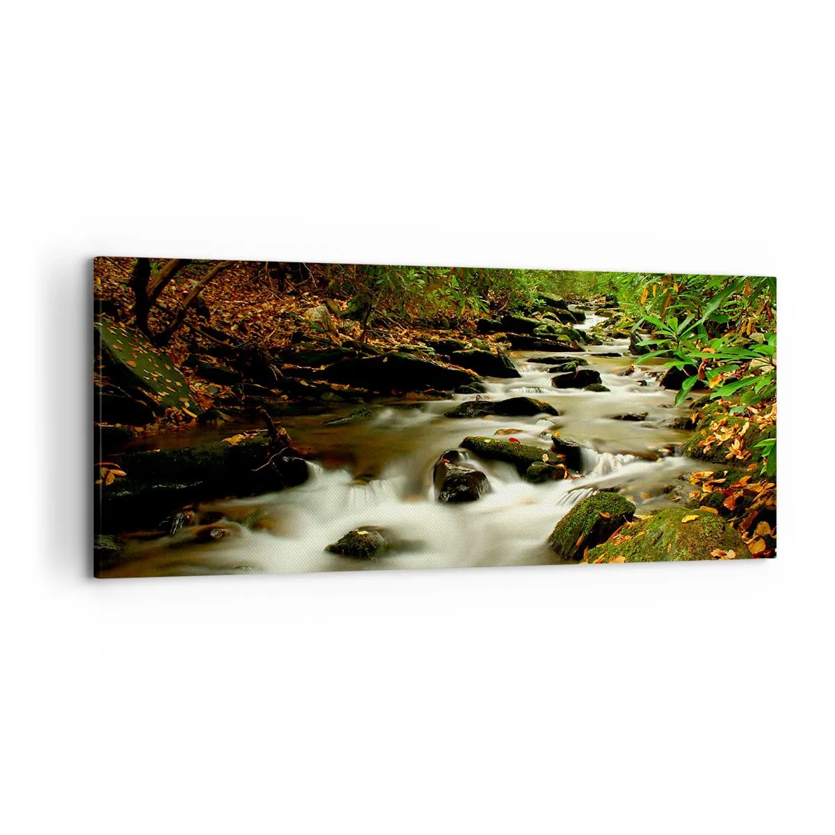 Obraz na płótnie - Leśny strumień płynący pomiędzy kamieniami otoczony zielenią - 120x50cm - Jak płynne srebro - Nowoczesna dekoracja ścienna do salonu i sypialni ARTTOR