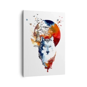 Obraz na płótnie - Wilk w stylu akwareli z czerwonym księżycem w tle - 50x70cm - Nos w nos z nocą - Nowoczesna dekoracja ścienna do salonu, kuchni i sypialni ARTTOR