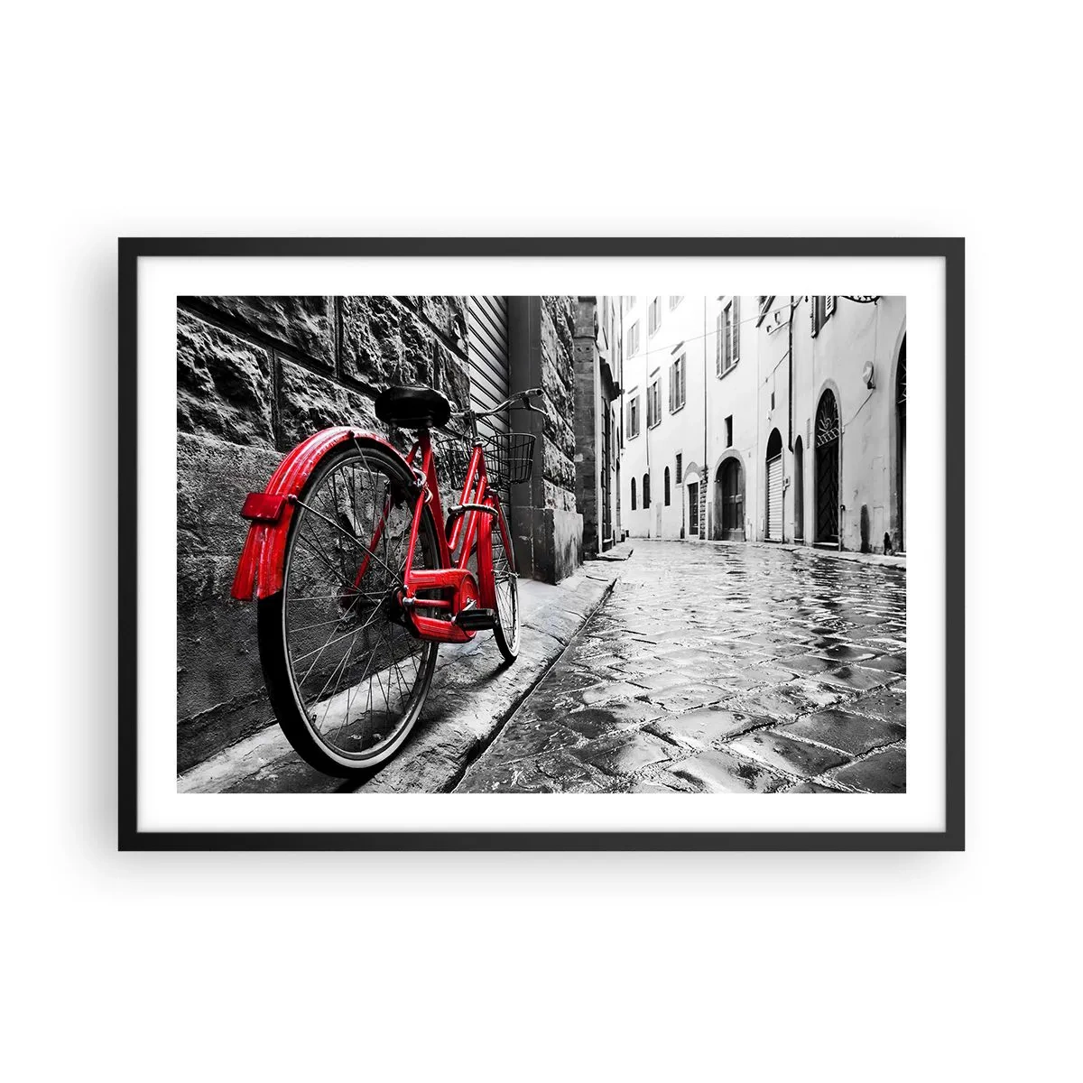 Plakat w czarnej ramie - Czerwony rower w czarno-białej uliczce - 70x50cm - Prawdziwe piękno się nie starzeje - Nowoczesna dekoracja ścienna do salonu i sypialni ARTTOR