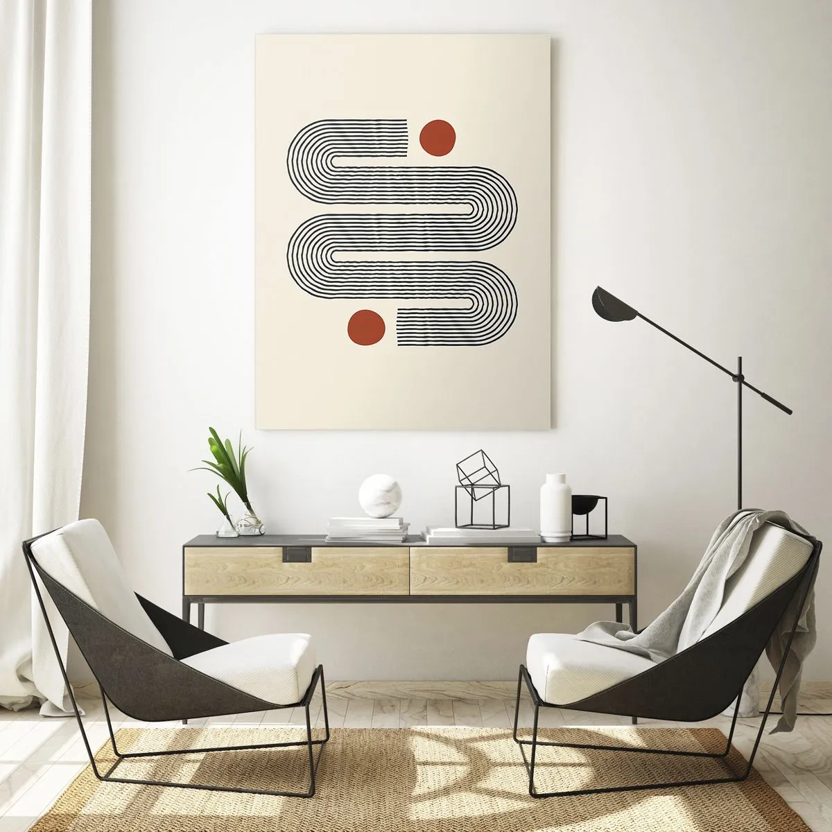 Obraz na szkle - Geometryczny wzór z liniami i pomarańczowymi okręgami - 70x100cm - Od początku do końca - Nowoczesna dekoracja ścienna do salonu i sypialni ARTTOR