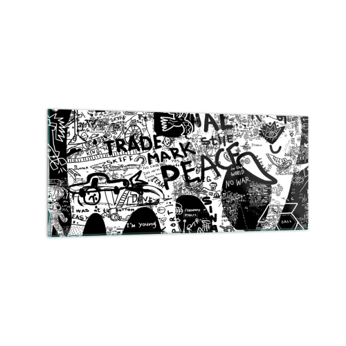Obraz na szkle - Czarno-biała grafika z motywami graffiti - 120x50cm - Bogaty świat ulicy - Nowoczesna dekoracja ścienna do salonu i sypialni ARTTOR