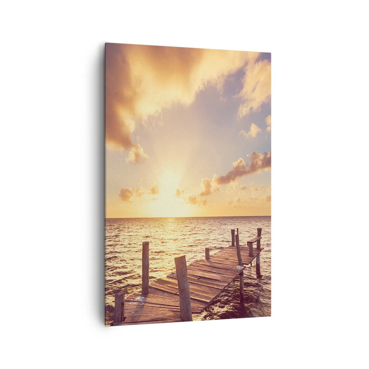 Obraz na płótnie - Drewniany pomost prowadzący w stronę zachodu słońca - 80x120cm - Złota kraina łagodności - Nowoczesna dekoracja ścienna do salonu i sypialni ARTTOR
